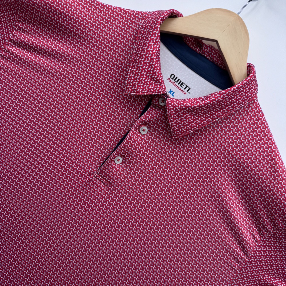 Quieti Performance Polo XL Red Geometric Print Short Sleeve Stretch Golf Shirt
